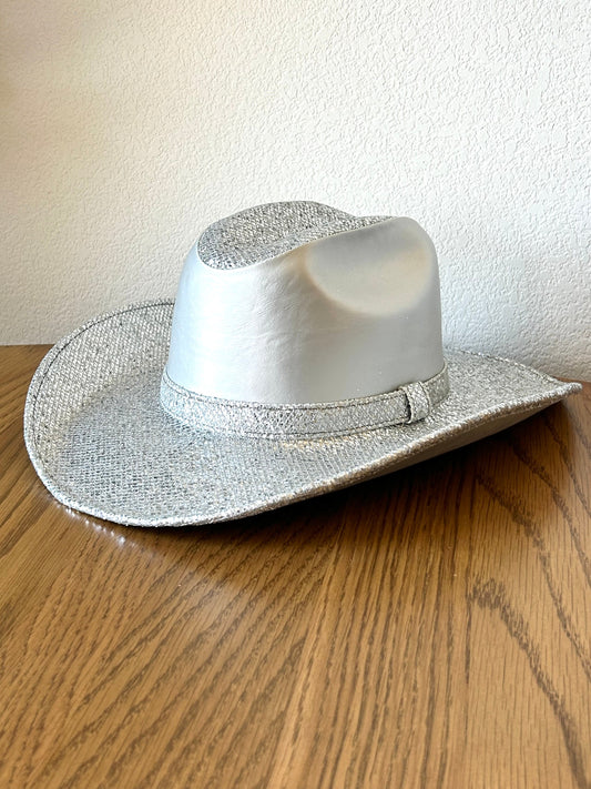 Western Cowboy Glitter Hat - Silver & Faux Leather