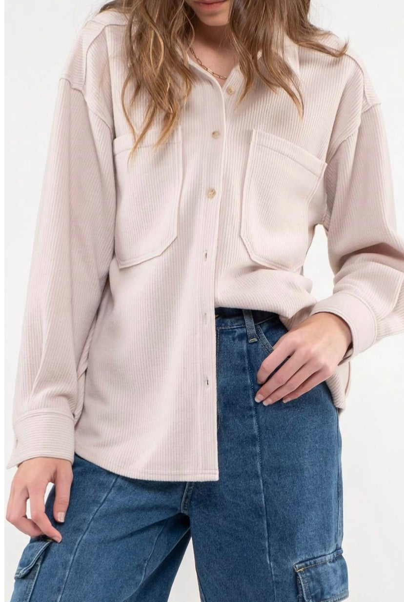 Rib Knit Exposed Seam Button Up Top - Oatmeal