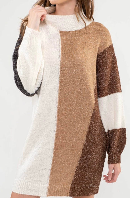 Molly Mock Neck Colorblock Knit Sweater Dress