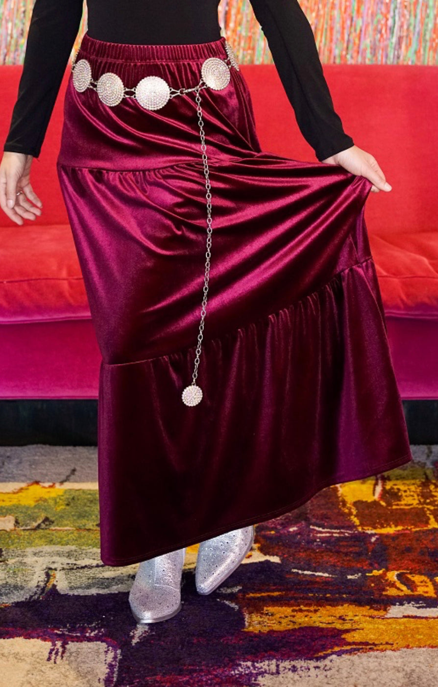 Lucy Velvet Maxi Skirt - Burgundy