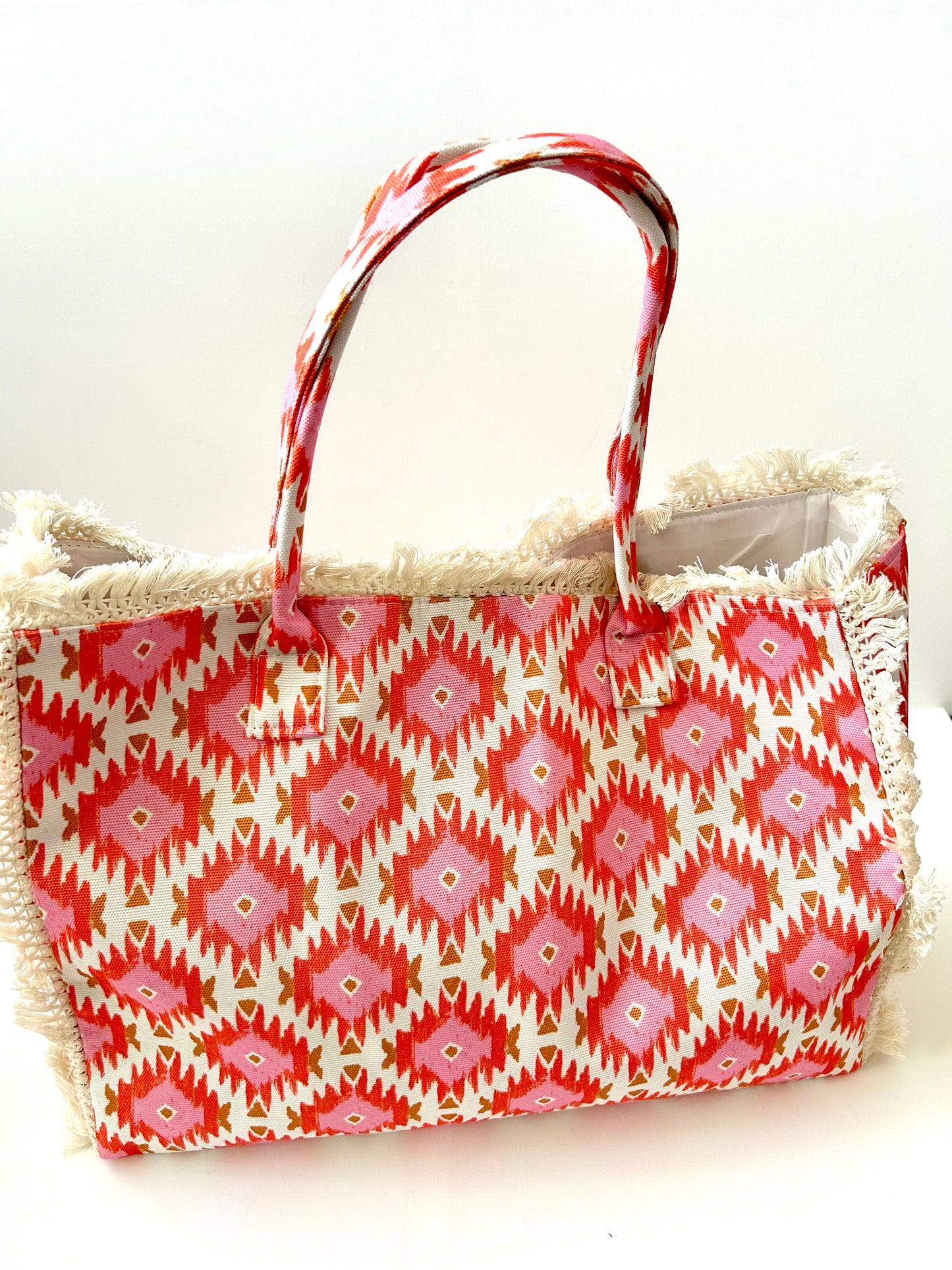 Bohemian Tote Bag with Fringe - Pink + Red