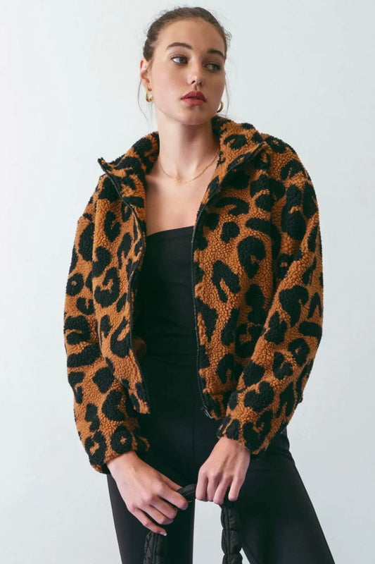 Olivia Leopard Faux Sherpa Zip Up Jacket