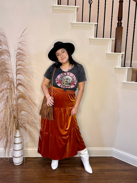 Lucy Velvet Maxi Skirt - Rust Orange