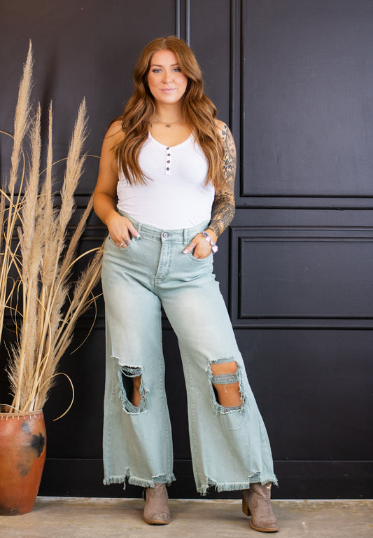 Sage Flare Distressed Jeans (Tummy Control)