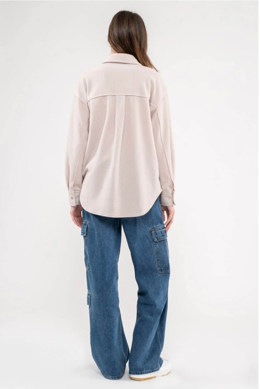 Rib Knit Exposed Seam Button Up Top - Oatmeal