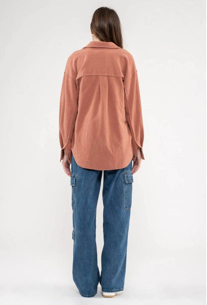 Rib Knit Exposed Seam Button Up Top - Rust