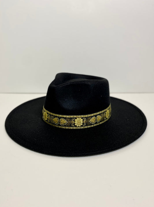 Myla Wool Felt Wide Brim Embroidered Rancher Hat - Black