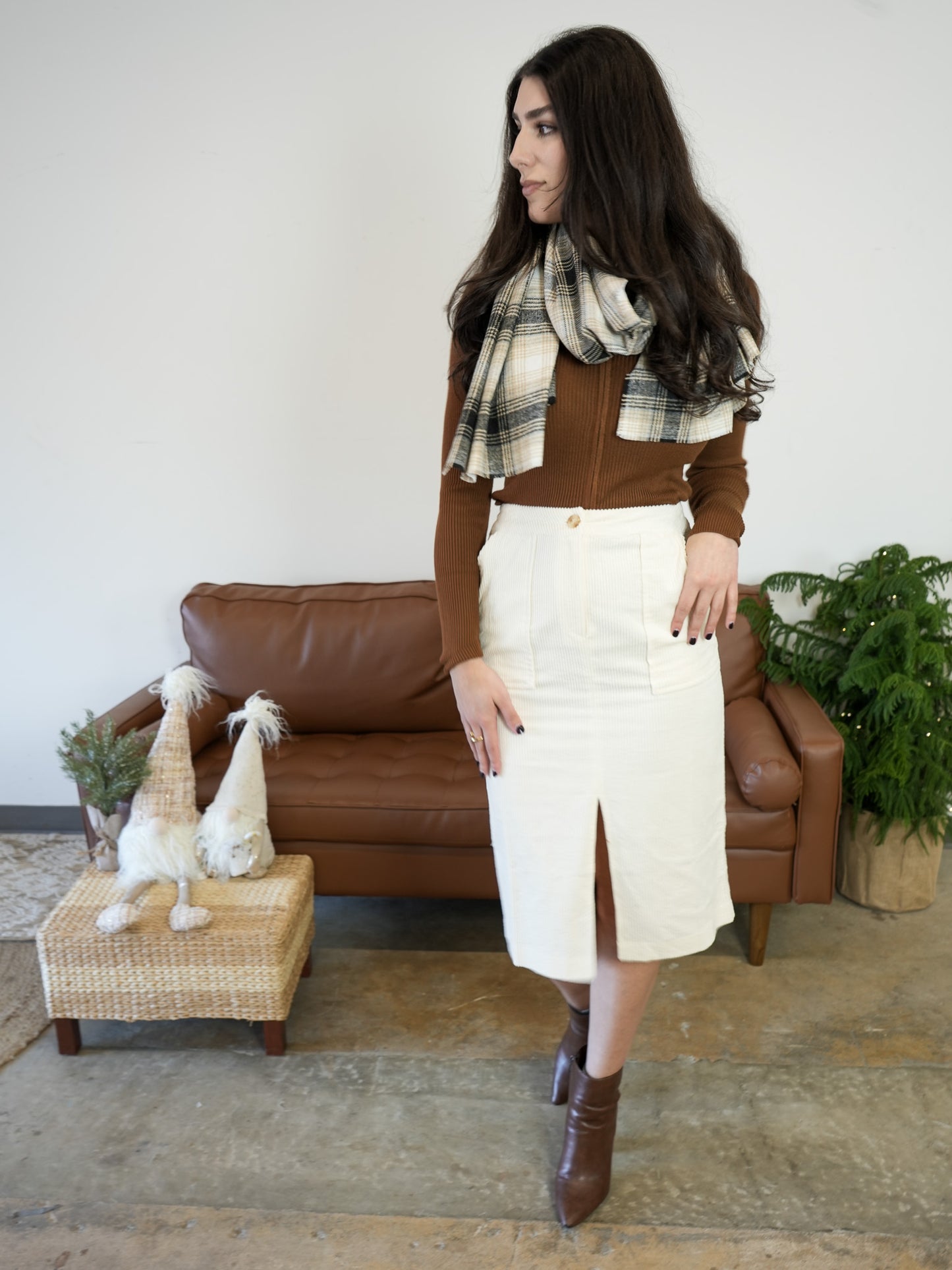 Ivory Corduroy Midi Skirt
