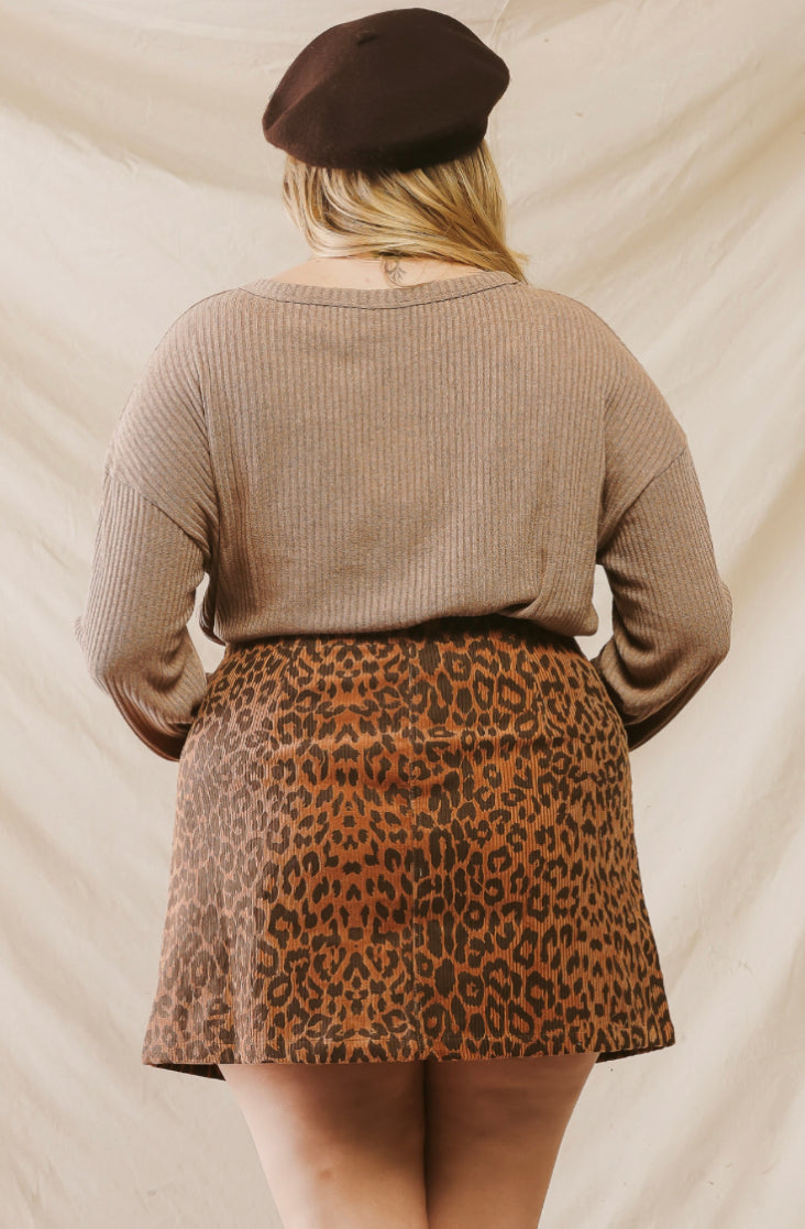 In Season Rust Leopard Ribbed Button Up Mini Skirt Plus