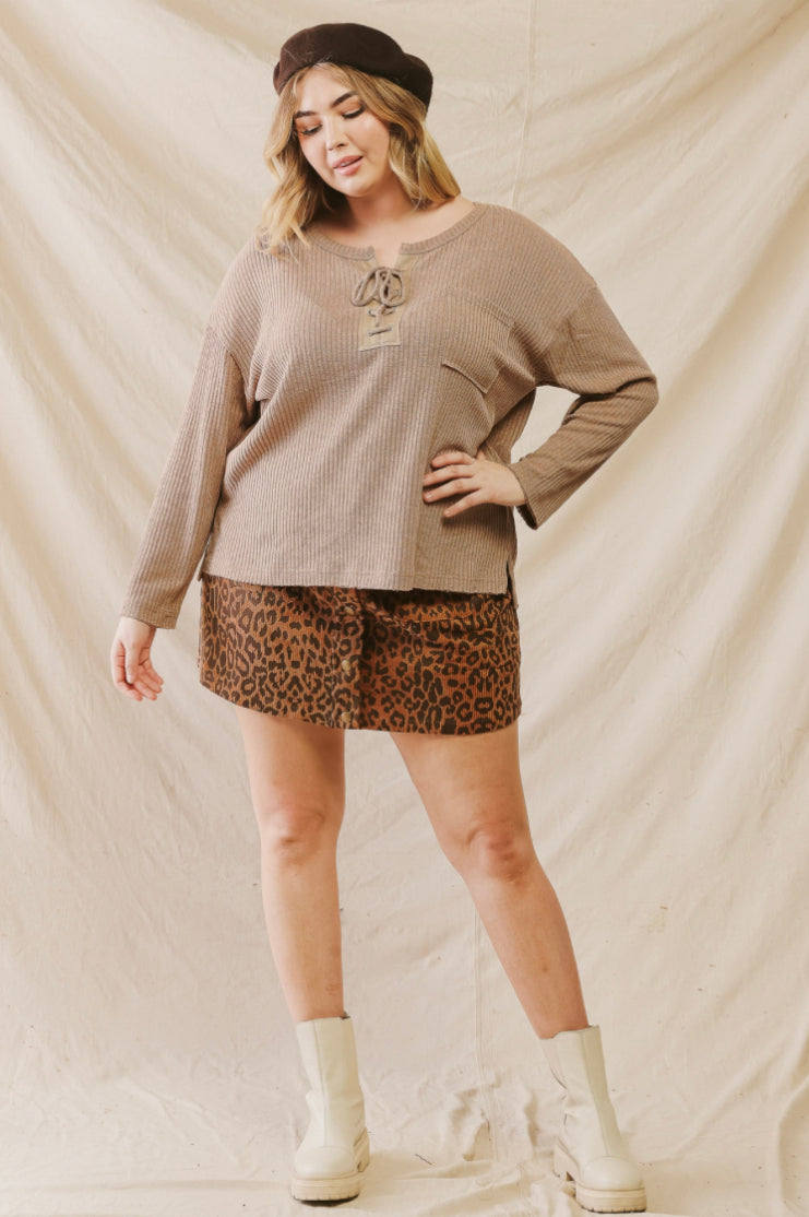 In Season Rust Leopard Ribbed Button Up Mini Skirt Plus